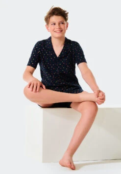 Schiesser Pajamas Short Organic Cotton Button Placket Dark Blue - Pajama Story -Uni Style Shop 176639 803 front