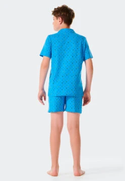 Schiesser Pajama Short Organic Cotton Button Placket Aqua - Pyjama Story
