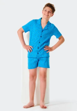 Schiesser Pajama Short Organic Cotton Button Placket Aqua - Pyjama Story -Uni Style Shop 176639 833 front