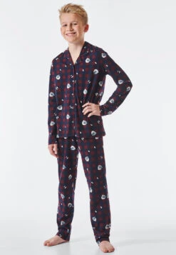 Schiesser Pajamas Long Organic Cotton Button Placket Checks Polar Bear Burgundy - Pyjama Story