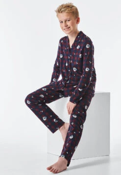 Schiesser Pajamas Long Organic Cotton Button Placket Checks Polar Bear Burgundy - Pyjama Story -Uni Style Shop 177957 516 front