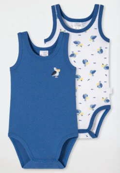 Schiesser Baby Onesies Sleeveless 2-pack Fine Rib Organic Cotton Pelicans Dark Blue/white - Natural Love