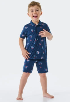 Schiesser Pajamas Short Organic Cotton Button Placket Seal Pirates Dark Blue - Boys World