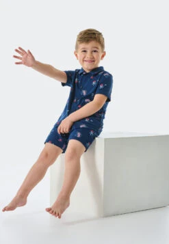 Schiesser Pajamas Short Organic Cotton Button Placket Seal Pirates Dark Blue - Boys World -Uni Style Shop 179029 803 front