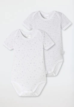 Schiesser Infant Bodysuit 2-pack Short-sleeved Unisex Fine Rib Organic Cotton Printed White/gray - Original Classics