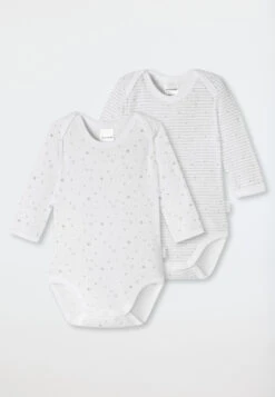 Schiesser Onesies In A 2-pack Long-sleeved Unisex Fine Rib Organic Cotton Printed White/gray - Original Classics