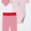 Schiesser 3-piece Baby Set Fine Rib Organic Cotton Onesie Pants Scarf Stripes, Seagull Pink/red - Natural Love