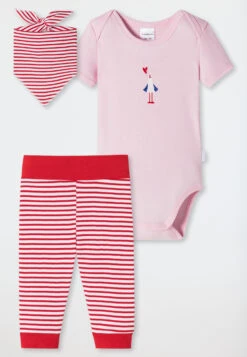 Schiesser 3-piece Baby Set Fine Rib Organic Cotton Onesie Pants Scarf Stripes, Seagull Pink/red - Natural Love