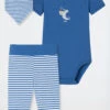 Schiesser 3-piece Baby Set Fine Rib Organic Cotton Onesie Pants Scarf Stripes Pelican Dark Blue/white - Natural Love