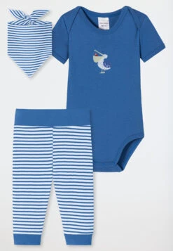 Schiesser 3-piece Baby Set Fine Rib Organic Cotton Onesie Pants Scarf Stripes Pelican Dark Blue/white - Natural Love