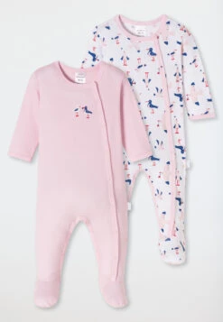 Schiesser Baby Onesies Long With Feet 2-pack Fine Rib Organic Cotton Seagulls White/pink - Natural Love
