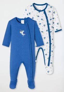 Schiesser Baby Onesie Long With Feet 2-pack Fine Rib Organic Cotton Pelicans White/dark Blue - Natural Love