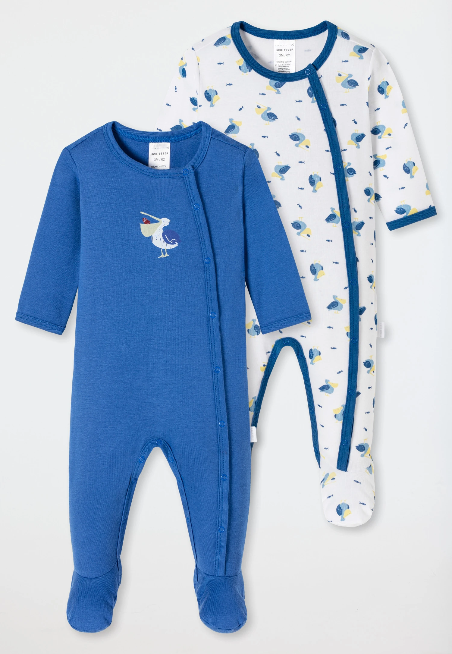 Schiesser Baby Onesie Long With Feet 2-pack Fine Rib Organic Cotton Pelicans White/dark Blue - Natural Love 1 Schiesser Baby Onesie Long With Feet 2-pack Fine Rib Organic Cotton Pelicans White/dark Blue - Natural Love