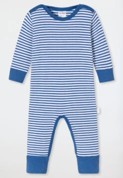 Schiesser Baby Onesie Long Unisex Bamboo Vario Button Placket Stripes Aqua - Bamboo