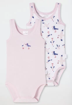 Schiesser Baby Onesies Sleeveless 2-pack Fine Rib Organic Cotton Seagulls Pink/white - Natural Love