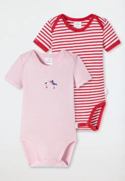Schiesser Baby Onesies Short-sleeved 2-pack Fine Rib Organic Cotton Stripes Seagulls Red/pink - Natural Love