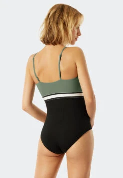 Schiesser Swimsuit Lined Elastic Band Adjustable Straps Khaki-black - California Dream -Uni Style Shop badeanzug gefuettert elastikband verstellbare traeger khaki schwarz california dream 177059 701 back