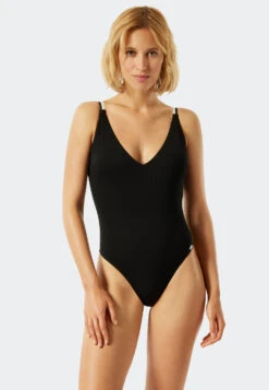 Schiesser Lined Swimsuit V-neck Removable Pads Adjustable Straps Black - California Dream