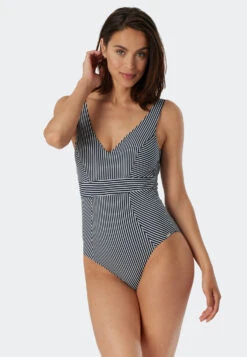 Schiesser Swimsuit V-neck Soft Cups Stripes Dark Blue - Ocean Dive -Uni Style Shop badeanzug v ausschnitt softcups streifen dunkelblau ocean dive 179207 803 front