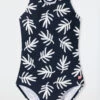 Schiesser Swimsuit Knitwear Recycled SPF40+ Racerback Palm Leaves Dark Blue - Diver Dreams