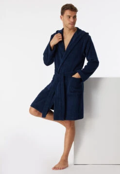 Schiesser Bathrobe Terry Cloth 100cm Dark Blue - Essentials -Uni Style Shop bademantel frottee 100cm dunkelblau essentials 178399 803 front