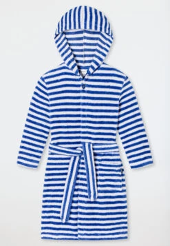 Schiesser Bathrobe Terry Cloth Velour Hood Stripes Aqua - Natural Love