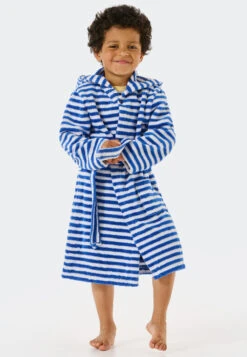 Schiesser Bathrobe Terry Cloth Velour Hood Stripes Aqua - Natural Love -Uni Style Shop bademantel frottee velours kapuze ringel aqua natural love 179022 833 detail2