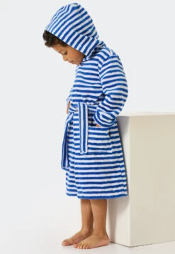 Schiesser Bathrobe Terry Cloth Velour Hood Stripes Aqua - Natural Love -Uni Style Shop bademantel frottee velours kapuze ringel aqua natural love 179022 833 front