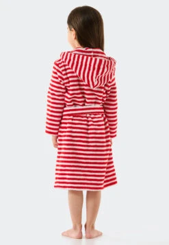 Schiesser Bathrobe Terry Cloth Velour Hood Stripes Red - Natural Love