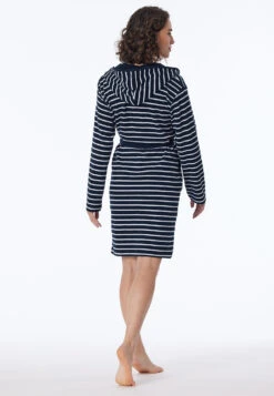 Schiesser Midnight Blue Ringed Bathrobe With Hood In Light Terry Cloth