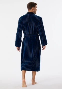 Schiesser Bathrobe Soft Velour Dark Blue Striped - Essentials -Uni Style Shop bademantel softvelours dunkelblau gestreift essentials 178405 803 back
