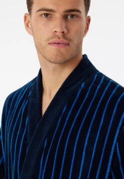 Schiesser Bathrobe Soft Velour Dark Blue Striped - Essentials -Uni Style Shop bademantel softvelours dunkelblau gestreift essentials 178405 803 detail3