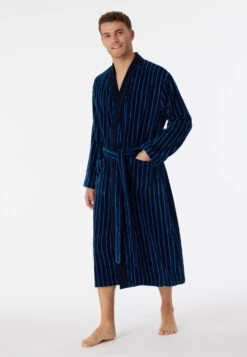 Schiesser Bathrobe Soft Velour Dark Blue Striped - Essentials -Uni Style Shop bademantel softvelours dunkelblau gestreift essentials 178405 803 front