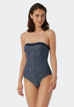 Schiesser Bandeau Swimsuit Variable Straps Soft Cups Dark Blue Patterned - Sea Blossom