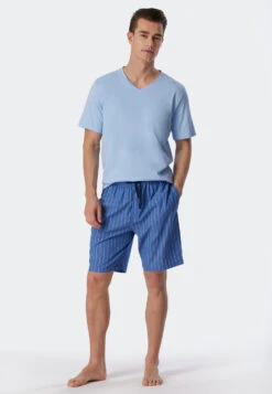 Schiesser Bermuda Shorts Woven Fabric Organic Cotton Stripes Aqua - Mix & Relax -Uni Style Shop bermudashorts webware organic cotton streifen aqua mix relax 178944 833 front