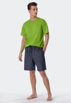 Schiesser Bermuda Shorts Woven Fabric Organic Cotton Stripes Dark Blue - Mix & Relax -Uni Style Shop bermudashorts webware organic cotton streifen dunkelblau mix relax 178944 803 front