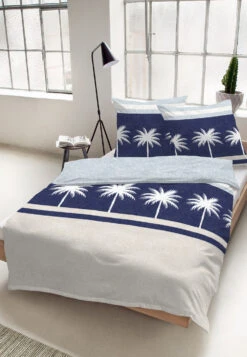Bed Linen 2-piece Satin Palm Trees Patterned Navy - SCHIESSER Home