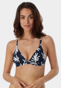 Schiesser Bikini Triangle Top Removable Cups Variable Straps Coral Dark Blue Patterned - Mix & Match Coral Life