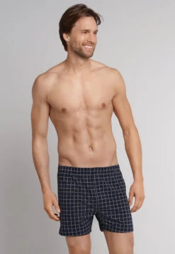 Schiesser Jersey Boxer Shorts Dark Blue Check - Dark Sapphire