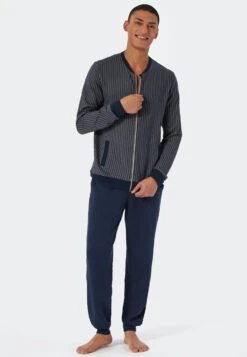 Schiesser Leisure Suit Tencel Stand-up Collar Zipper Cuffs Herringbone Pattern Dark Blue - Sleep+Lounge -Uni Style Shop hausanzug tencel stehkragen zipper buendchen fischgradmuster dunkelblau sleep lounge 178040 803 front