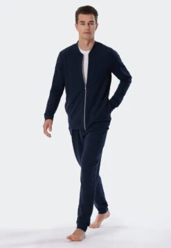 Schiesser Jacket Long-sleeved Sweatwear Organic Cotton Tencel Cuffs Stripes Dark Blue - Mix & Relax 8 Schiesser Jacket Long-sleeved Sweatwear Organic Cotton Tencel Cuffs Stripes Dark Blue - Mix & Relax -Uni Style Shop jacke langarm sweatware organic cotton tencel buendchen streifen dunkelblau mix relax 179049 803 front