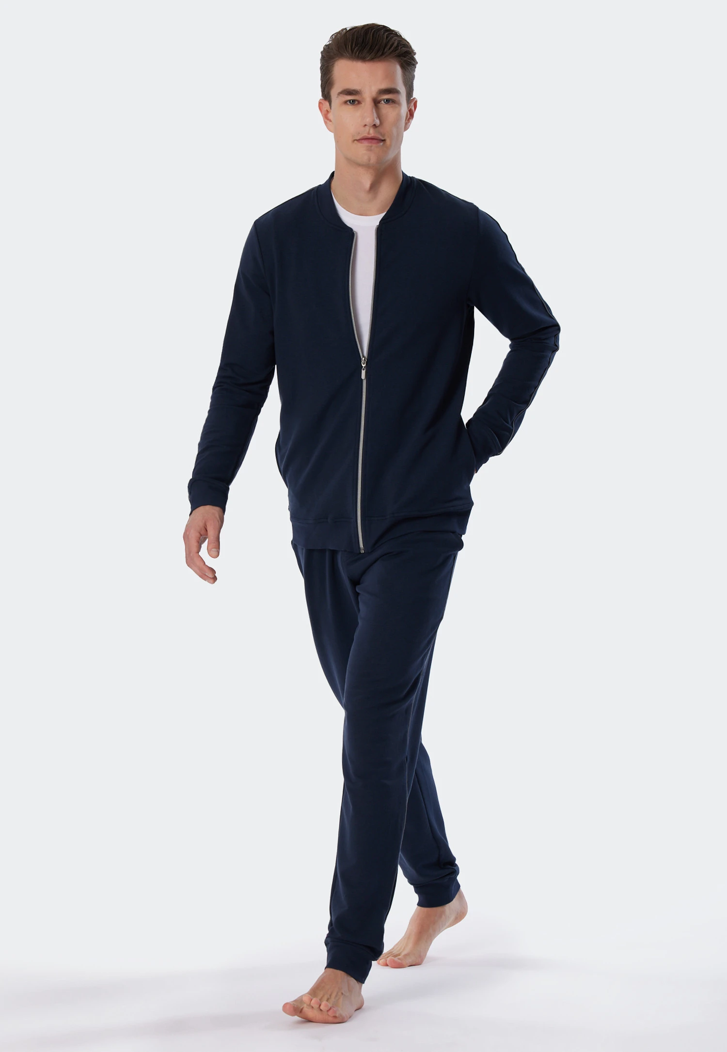 Schiesser Jacket Long-sleeved Sweatwear Organic Cotton Tencel Cuffs Stripes Dark Blue - Mix & Relax 4 Schiesser Jacket Long-sleeved Sweatwear Organic Cotton Tencel Cuffs Stripes Dark Blue - Mix & Relax - Image 4