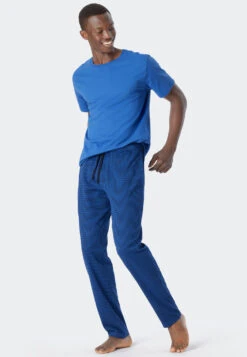 Schiesser Long Lounge Pants Fine Interlock Organic Cotton Patterned Aqua - Mix & Relax 8 Schiesser Long Lounge Pants Fine Interlock Organic Cotton Patterned Aqua - Mix & Relax -Uni Style Shop loungehose lang feininterlock organic cotton gemustert aqua mix relax 178945 833 front