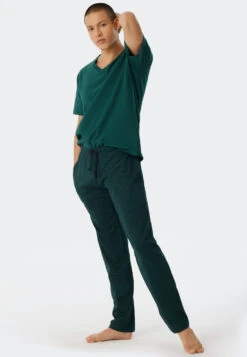 Schiesser Long Lounge Pants Fine Interlock Organic Cotton Patterned Dark Green - Mix & Relax