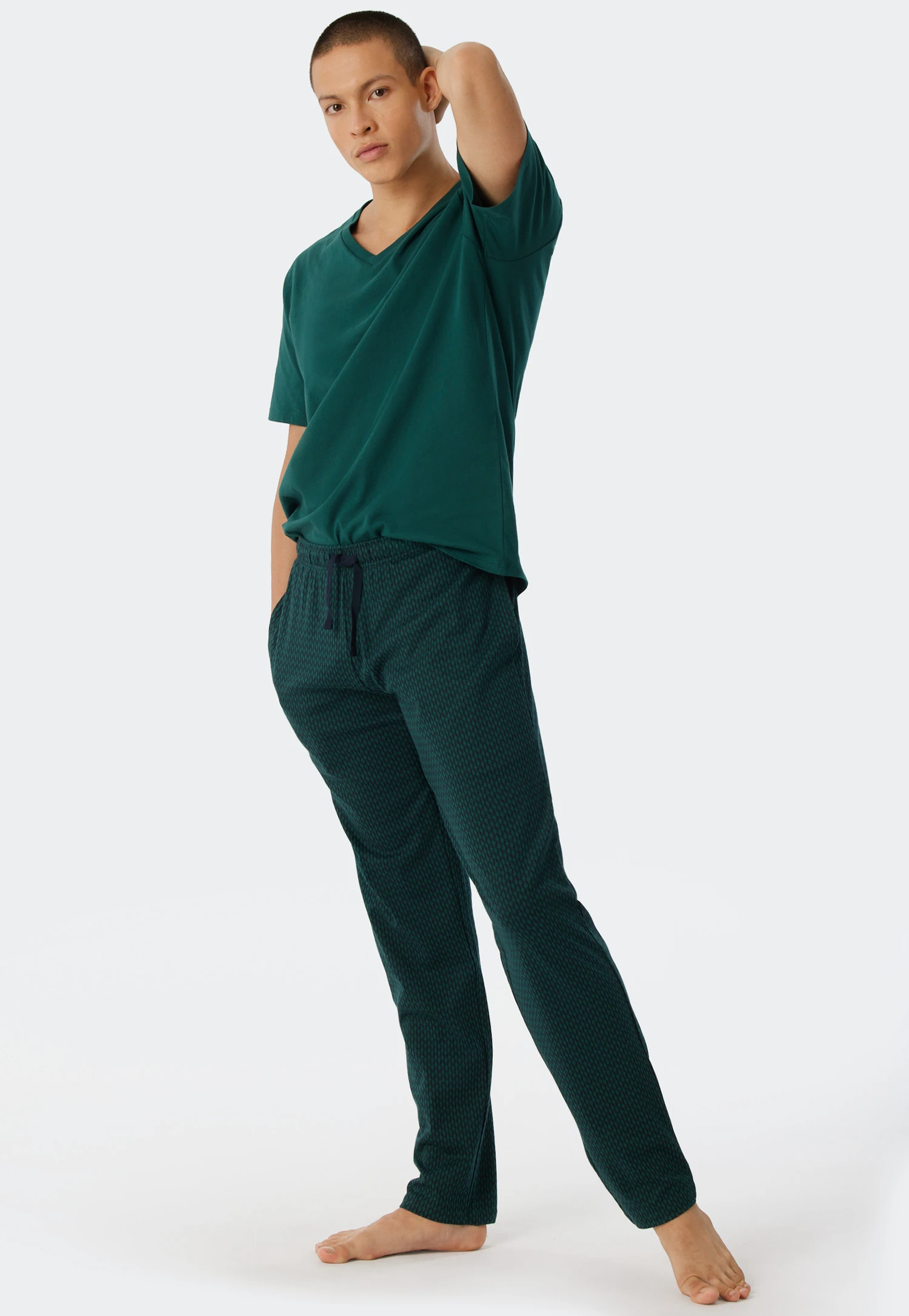 Schiesser Long Lounge Pants Fine Interlock Organic Cotton Patterned Dark Green - Mix & Relax 1 Schiesser Long Lounge Pants Fine Interlock Organic Cotton Patterned Dark Green - Mix & Relax