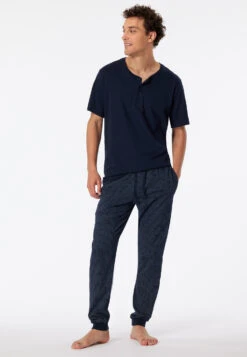 Schiesser Long Jersey Lounge Pants Drawstring Dark Blue-light Blue Check -Mix & Relax Cotton -Uni Style Shop loungehose lang jersey buendchen dunkelblau gemustert mix relax 163839 835 front