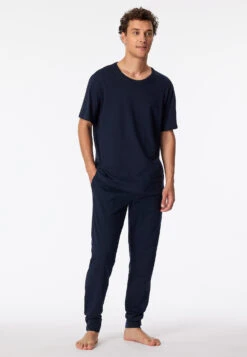 Schiesser Long Jersey Lounge Pants Cuffs Dark Blue - Mix & Relax Cotton -Uni Style Shop loungehose lang jersey buendchen dunkelblau mix relax 163839 803 front