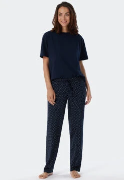 Schiesser Lounge Pants Long Jersey Polka Dots Dark Blue Patterned - Mix+Relax -Uni Style Shop loungehose lang jersey punkte dunkelblau gemustert mix relax 179271 835 front