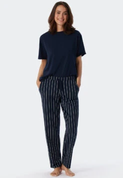 Schiesser Lounge Pants Long Jersey Stripes Dark Blue Patterned - Mix+Relax -Uni Style Shop loungehose lang jersey streifen dunkelblau gemustert mix relax 179271 904 front