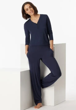 Schiesser Lounge Pants Long Modal Marlene Cut Blue - Mix & Relax -Uni Style Shop loungehose lang modal marlene schnitt blau mix relax 175482 800 front